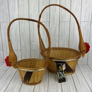 Pair Vintage Rooster Rattan Wicker Basket Nesting Chicken ~ Neck Is Handle
